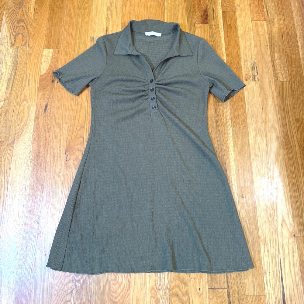MNG Mango Womens Olive Green Textured Ruched Front Polo Dress Short Sleeve Small